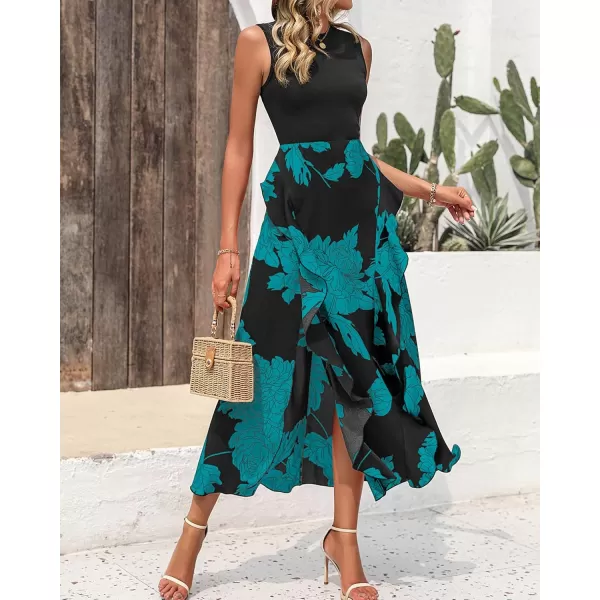 BTFBM Women Casual Sleeveless Summer Dresses 2024 Spring Crewneck Patchwork Boho Floral Ruffle Cocktail Party Midi DressBig Floral Lake Blue