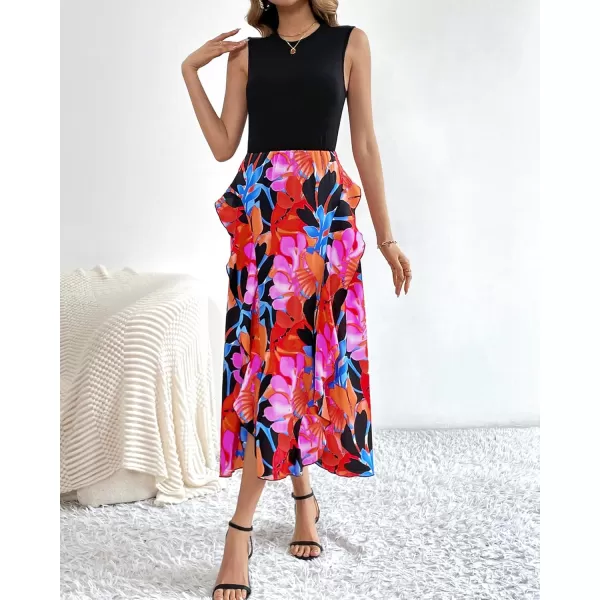 BTFBM Women Casual Sleeveless Summer Dresses 2024 Spring Crewneck Patchwork Boho Floral Ruffle Cocktail Party Midi DressBig Floral Multicolor