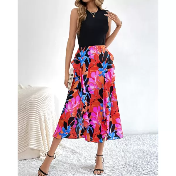 BTFBM Women Casual Sleeveless Summer Dresses 2024 Spring Crewneck Patchwork Boho Floral Ruffle Cocktail Party Midi DressBig Floral Multicolor