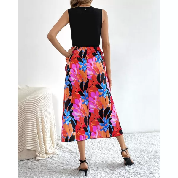 BTFBM Women Casual Sleeveless Summer Dresses 2024 Spring Crewneck Patchwork Boho Floral Ruffle Cocktail Party Midi DressBig Floral Multicolor