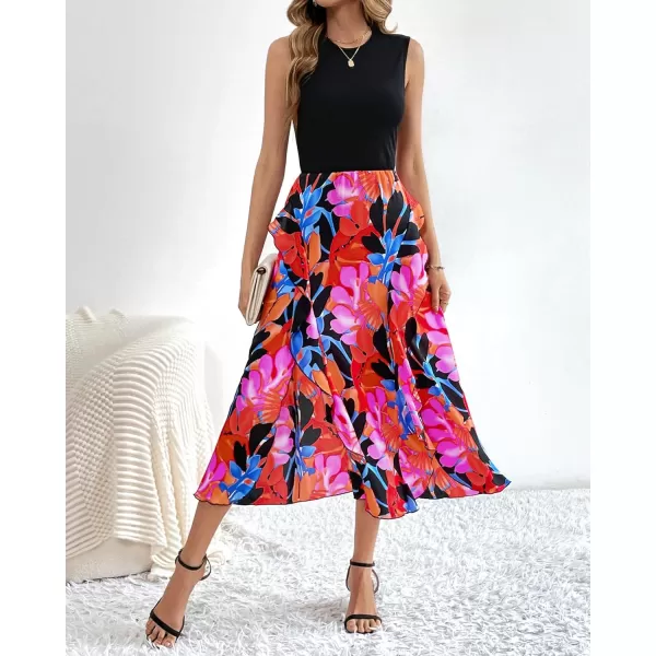 BTFBM Women Casual Sleeveless Summer Dresses 2024 Spring Crewneck Patchwork Boho Floral Ruffle Cocktail Party Midi DressBig Floral Multicolor