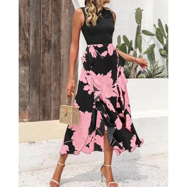 BTFBM Women Casual Sleeveless Summer Dresses 2024 Spring Crewneck Patchwork Boho Floral Ruffle Cocktail Party Midi DressBig Floral Pink