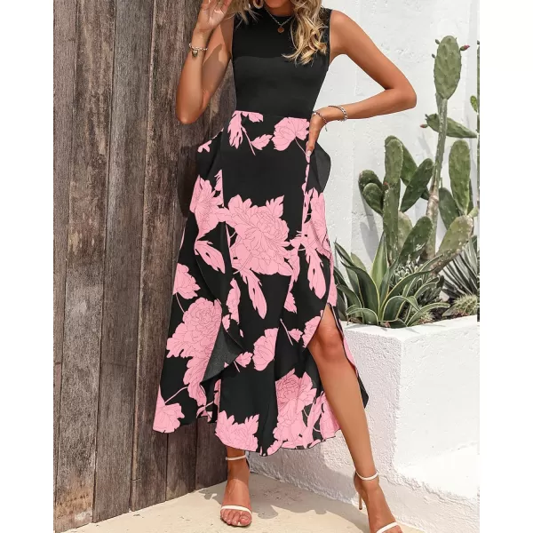 BTFBM Women Casual Sleeveless Summer Dresses 2024 Spring Crewneck Patchwork Boho Floral Ruffle Cocktail Party Midi DressBig Floral Pink