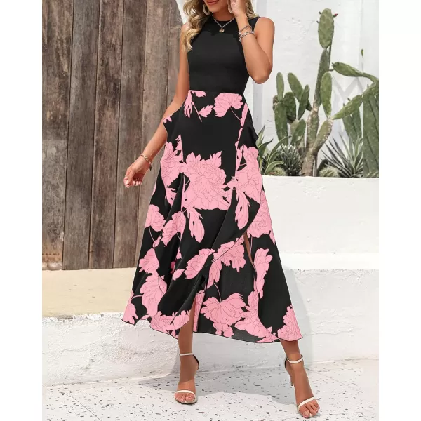 BTFBM Women Casual Sleeveless Summer Dresses 2024 Spring Crewneck Patchwork Boho Floral Ruffle Cocktail Party Midi DressBig Floral Pink