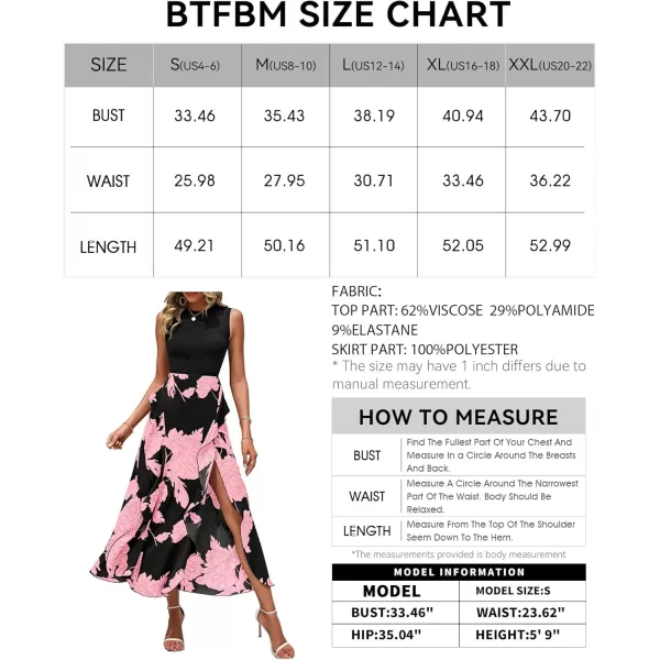 BTFBM Women Casual Sleeveless Summer Dresses 2024 Spring Crewneck Patchwork Boho Floral Ruffle Cocktail Party Midi DressBig Floral Pink
