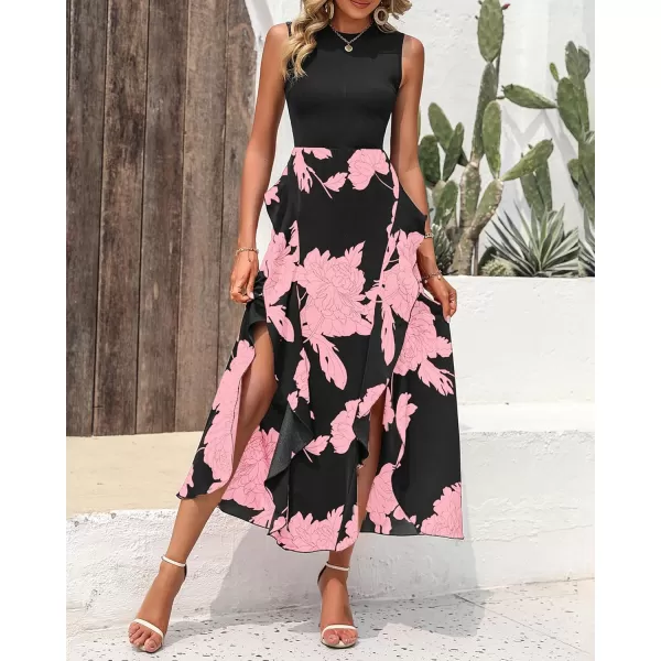 BTFBM Women Casual Sleeveless Summer Dresses 2024 Spring Crewneck Patchwork Boho Floral Ruffle Cocktail Party Midi DressBig Floral Pink
