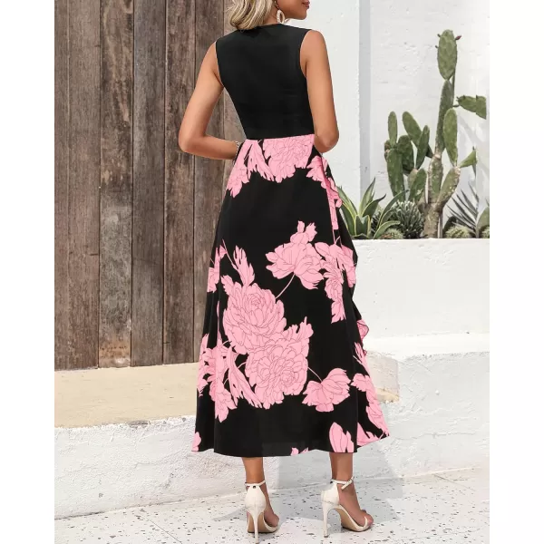 BTFBM Women Casual Sleeveless Summer Dresses 2024 Spring Crewneck Patchwork Boho Floral Ruffle Cocktail Party Midi DressBig Floral Pink