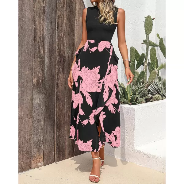 BTFBM Women Casual Sleeveless Summer Dresses 2024 Spring Crewneck Patchwork Boho Floral Ruffle Cocktail Party Midi DressBig Floral Pink