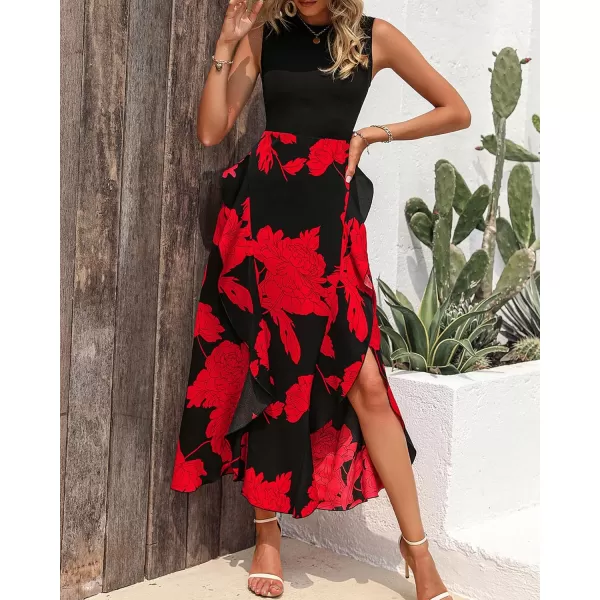 BTFBM Women Casual Sleeveless Summer Dresses 2024 Spring Crewneck Patchwork Boho Floral Ruffle Cocktail Party Midi DressBig Floral Red