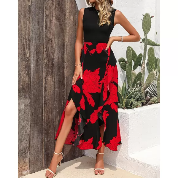 BTFBM Women Casual Sleeveless Summer Dresses 2024 Spring Crewneck Patchwork Boho Floral Ruffle Cocktail Party Midi DressBig Floral Red