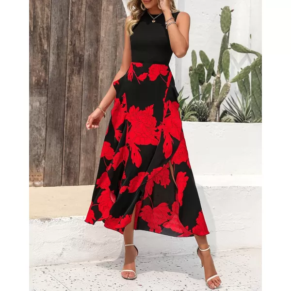 BTFBM Women Casual Sleeveless Summer Dresses 2024 Spring Crewneck Patchwork Boho Floral Ruffle Cocktail Party Midi DressBig Floral Red