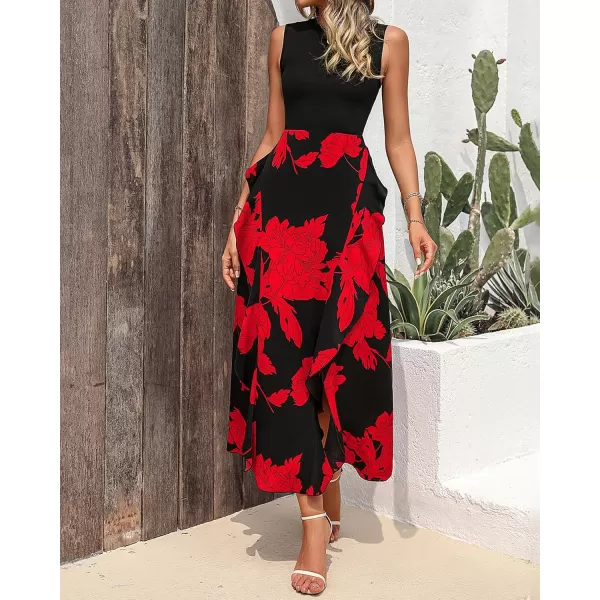 BTFBM Women Casual Sleeveless Summer Dresses 2024 Spring Crewneck Patchwork Boho Floral Ruffle Cocktail Party Midi DressBig Floral Red