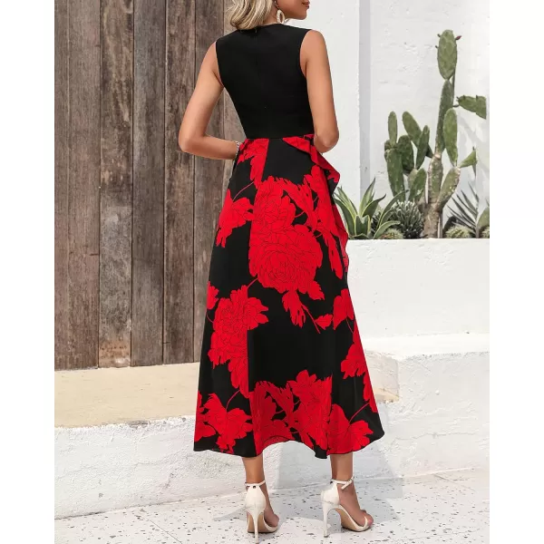 BTFBM Women Casual Sleeveless Summer Dresses 2024 Spring Crewneck Patchwork Boho Floral Ruffle Cocktail Party Midi DressBig Floral Red