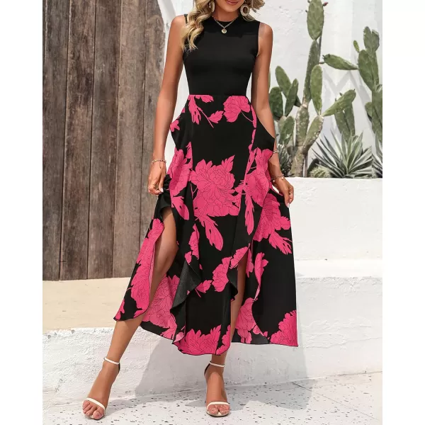 BTFBM Women Casual Sleeveless Summer Dresses 2024 Spring Crewneck Patchwork Boho Floral Ruffle Cocktail Party Midi DressBig Floral Rose Red