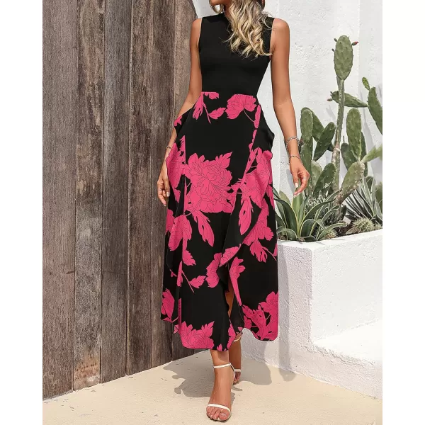 BTFBM Women Casual Sleeveless Summer Dresses 2024 Spring Crewneck Patchwork Boho Floral Ruffle Cocktail Party Midi DressBig Floral Rose Red