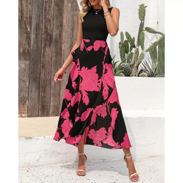 BTFBM Women Casual Sleeveless Summer Dresses 2024 Spring Crewneck Patchwork Boho Floral Ruffle Cocktail Party Midi DressBig Floral Rose Red