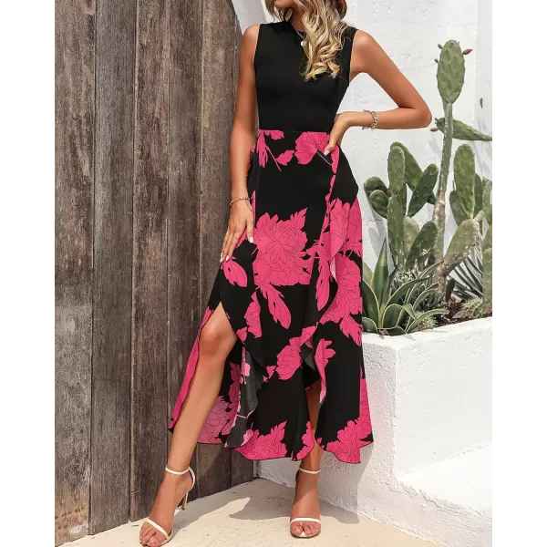 BTFBM Women Casual Sleeveless Summer Dresses 2024 Spring Crewneck Patchwork Boho Floral Ruffle Cocktail Party Midi DressBig Floral Rose Red