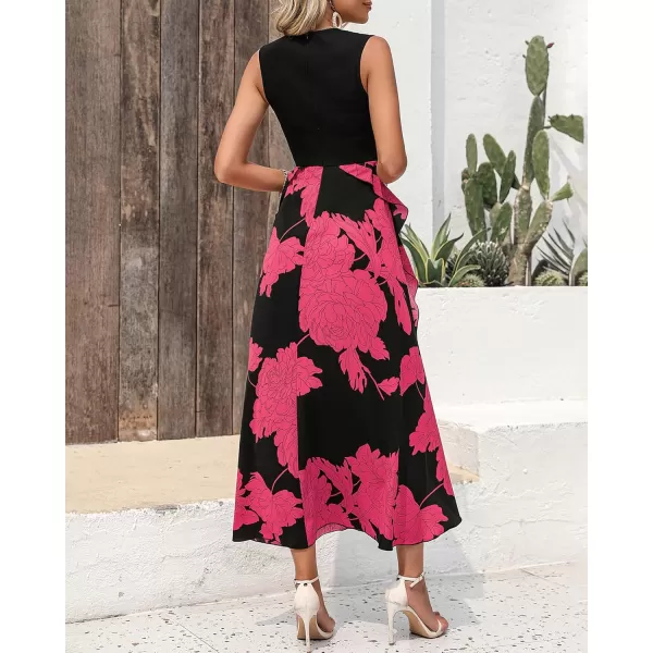 BTFBM Women Casual Sleeveless Summer Dresses 2024 Spring Crewneck Patchwork Boho Floral Ruffle Cocktail Party Midi DressBig Floral Rose Red