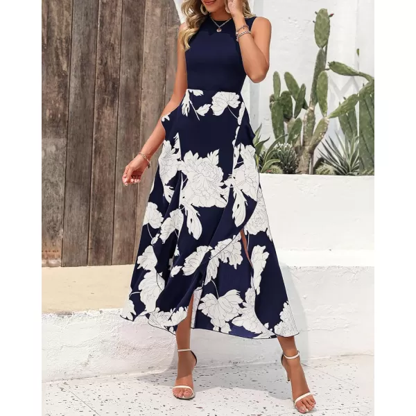 BTFBM Women Casual Sleeveless Summer Dresses 2024 Spring Crewneck Patchwork Boho Floral Ruffle Cocktail Party Midi DressBig Floral White Navy