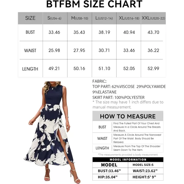 BTFBM Women Casual Sleeveless Summer Dresses 2024 Spring Crewneck Patchwork Boho Floral Ruffle Cocktail Party Midi DressBig Floral White Navy