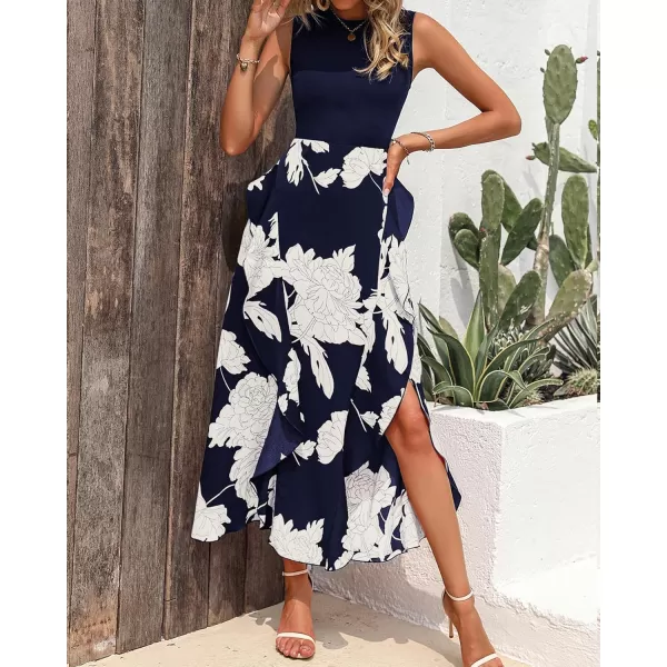 BTFBM Women Casual Sleeveless Summer Dresses 2024 Spring Crewneck Patchwork Boho Floral Ruffle Cocktail Party Midi DressBig Floral White Navy
