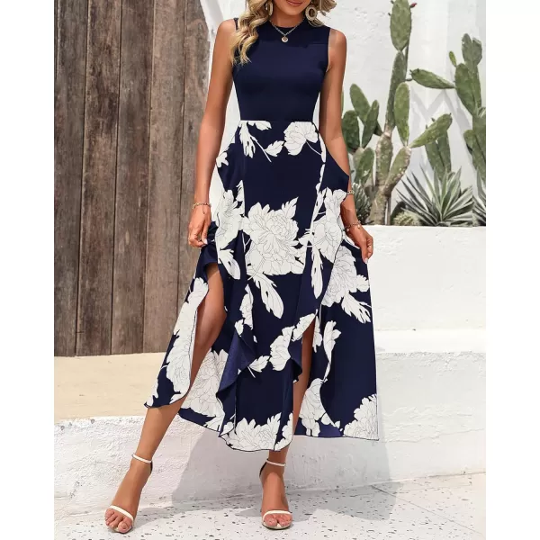 BTFBM Women Casual Sleeveless Summer Dresses 2024 Spring Crewneck Patchwork Boho Floral Ruffle Cocktail Party Midi DressBig Floral White Navy