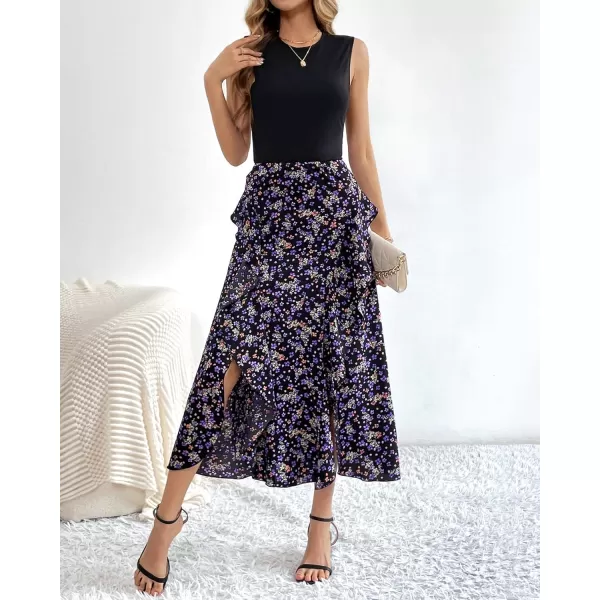 BTFBM Women Casual Sleeveless Summer Dresses 2024 Spring Crewneck Patchwork Boho Floral Ruffle Cocktail Party Midi DressFloral Purple
