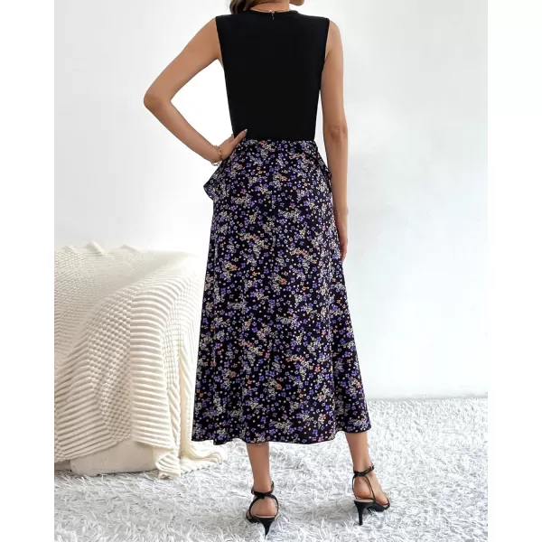 BTFBM Women Casual Sleeveless Summer Dresses 2024 Spring Crewneck Patchwork Boho Floral Ruffle Cocktail Party Midi DressFloral Purple
