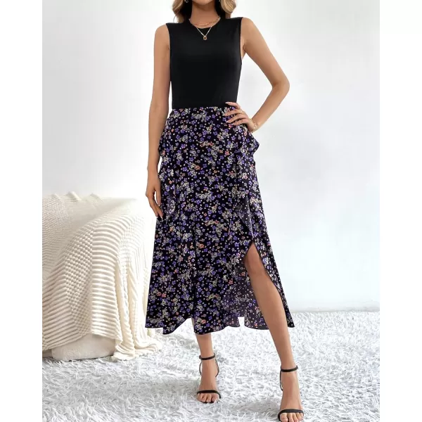 BTFBM Women Casual Sleeveless Summer Dresses 2024 Spring Crewneck Patchwork Boho Floral Ruffle Cocktail Party Midi DressFloral Purple