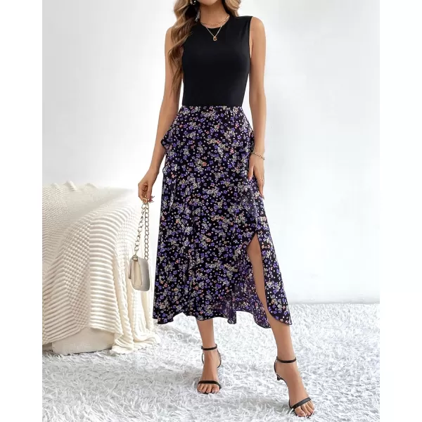 BTFBM Women Casual Sleeveless Summer Dresses 2024 Spring Crewneck Patchwork Boho Floral Ruffle Cocktail Party Midi DressFloral Purple