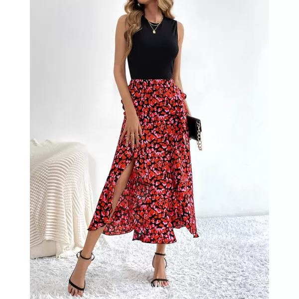 BTFBM Women Casual Sleeveless Summer Dresses 2024 Spring Crewneck Patchwork Boho Floral Ruffle Cocktail Party Midi DressFloral Red