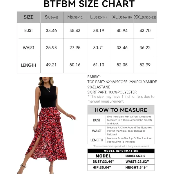 BTFBM Women Casual Sleeveless Summer Dresses 2024 Spring Crewneck Patchwork Boho Floral Ruffle Cocktail Party Midi DressFloral Red