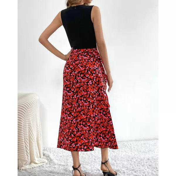 BTFBM Women Casual Sleeveless Summer Dresses 2024 Spring Crewneck Patchwork Boho Floral Ruffle Cocktail Party Midi DressFloral Red