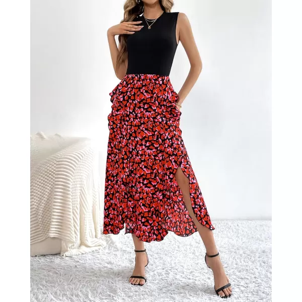 BTFBM Women Casual Sleeveless Summer Dresses 2024 Spring Crewneck Patchwork Boho Floral Ruffle Cocktail Party Midi DressFloral Red