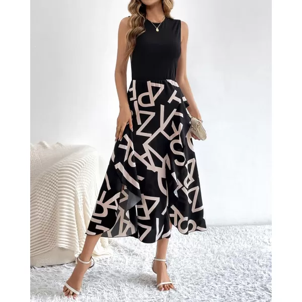 BTFBM Women Casual Sleeveless Summer Dresses 2024 Spring Crewneck Patchwork Boho Floral Ruffle Cocktail Party Midi DressLetter White