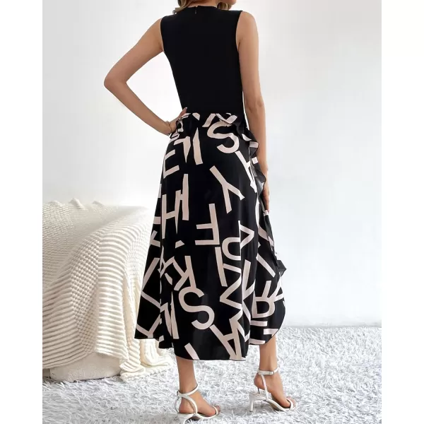 BTFBM Women Casual Sleeveless Summer Dresses 2024 Spring Crewneck Patchwork Boho Floral Ruffle Cocktail Party Midi DressLetter White