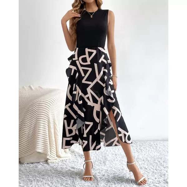 BTFBM Women Casual Sleeveless Summer Dresses 2024 Spring Crewneck Patchwork Boho Floral Ruffle Cocktail Party Midi DressLetter White
