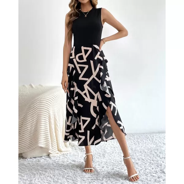 BTFBM Women Casual Sleeveless Summer Dresses 2024 Spring Crewneck Patchwork Boho Floral Ruffle Cocktail Party Midi DressLetter White