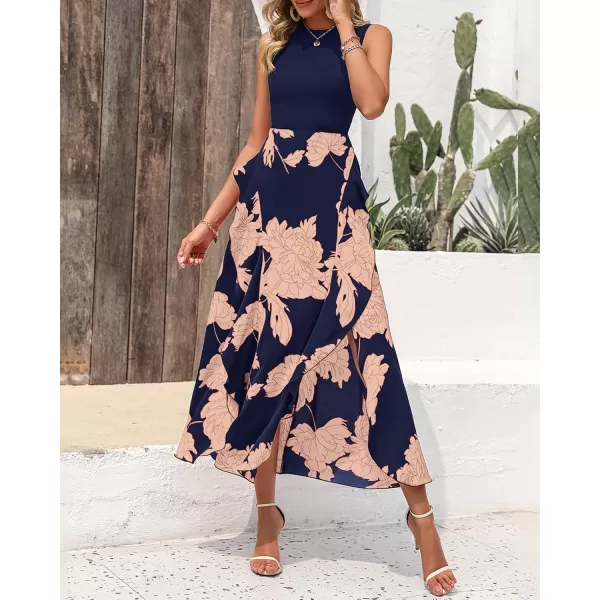 BTFBM Women Casual Sleeveless Summer Dresses 2024 Spring Crewneck Patchwork Boho Floral Ruffle Cocktail Party Midi DressPink Floral Navy