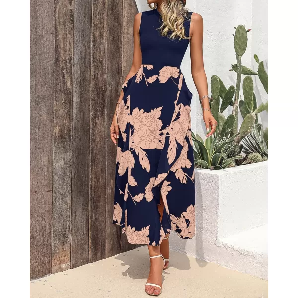 BTFBM Women Casual Sleeveless Summer Dresses 2024 Spring Crewneck Patchwork Boho Floral Ruffle Cocktail Party Midi DressPink Floral Navy