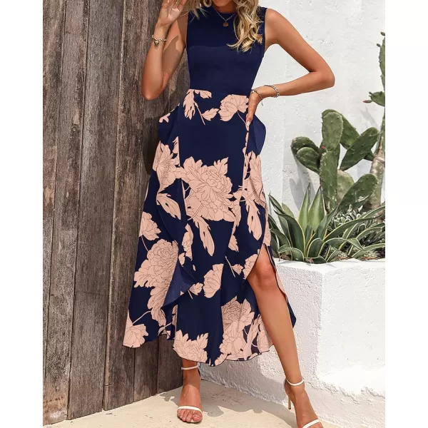 BTFBM Women Casual Sleeveless Summer Dresses 2024 Spring Crewneck Patchwork Boho Floral Ruffle Cocktail Party Midi DressPink Floral Navy