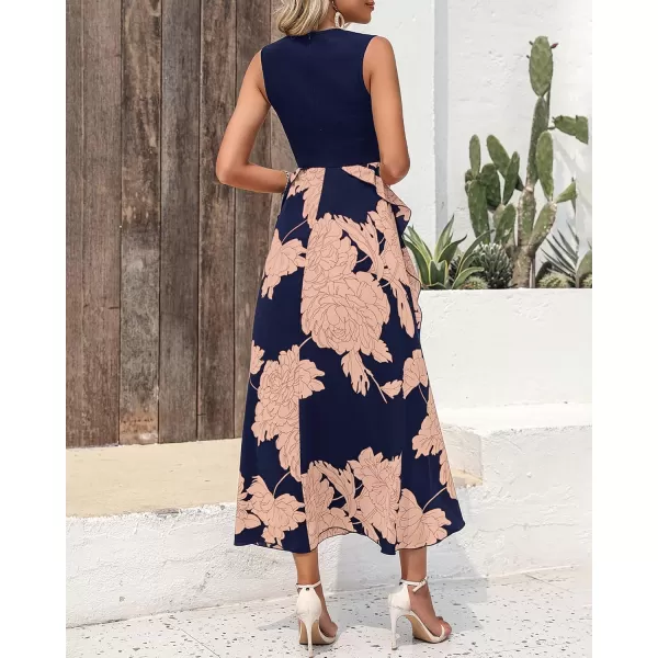 BTFBM Women Casual Sleeveless Summer Dresses 2024 Spring Crewneck Patchwork Boho Floral Ruffle Cocktail Party Midi DressPink Floral Navy