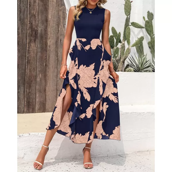 BTFBM Women Casual Sleeveless Summer Dresses 2024 Spring Crewneck Patchwork Boho Floral Ruffle Cocktail Party Midi DressPink Floral Navy