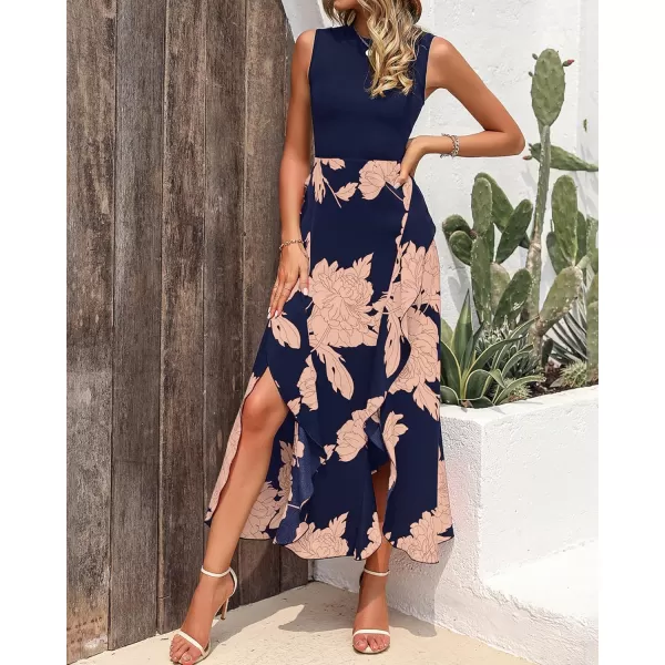 BTFBM Women Casual Sleeveless Summer Dresses 2024 Spring Crewneck Patchwork Boho Floral Ruffle Cocktail Party Midi DressPink Floral Navy