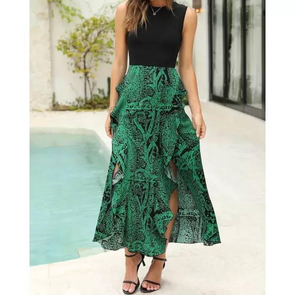 BTFBM Women Casual Sleeveless Summer Dresses 2024 Spring Crewneck Patchwork Boho Floral Ruffle Cocktail Party Midi DressPrint Black Green