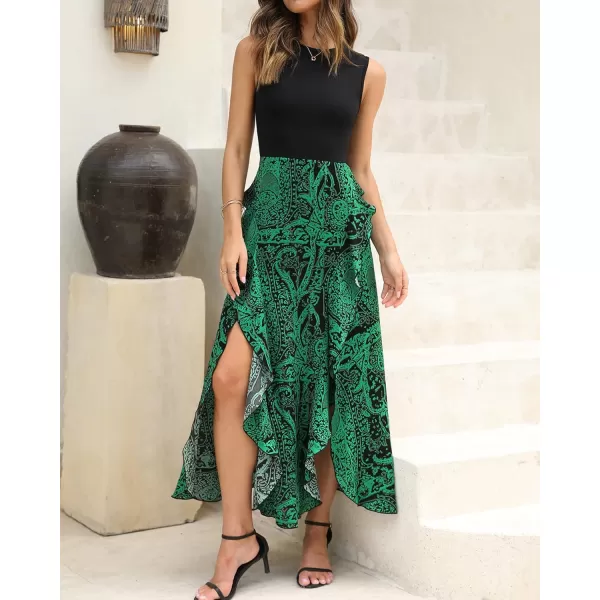 BTFBM Women Casual Sleeveless Summer Dresses 2024 Spring Crewneck Patchwork Boho Floral Ruffle Cocktail Party Midi DressPrint Black Green