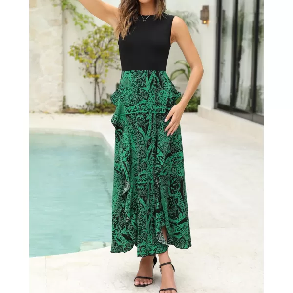 BTFBM Women Casual Sleeveless Summer Dresses 2024 Spring Crewneck Patchwork Boho Floral Ruffle Cocktail Party Midi DressPrint Black Green