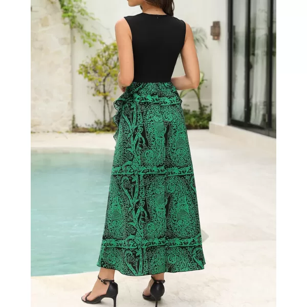 BTFBM Women Casual Sleeveless Summer Dresses 2024 Spring Crewneck Patchwork Boho Floral Ruffle Cocktail Party Midi DressPrint Black Green