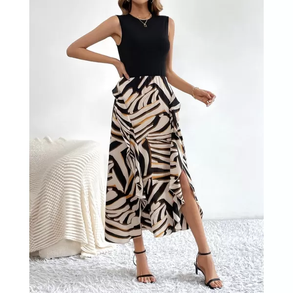 BTFBM Women Casual Sleeveless Summer Dresses 2024 Spring Crewneck Patchwork Boho Floral Ruffle Cocktail Party Midi DressStriped