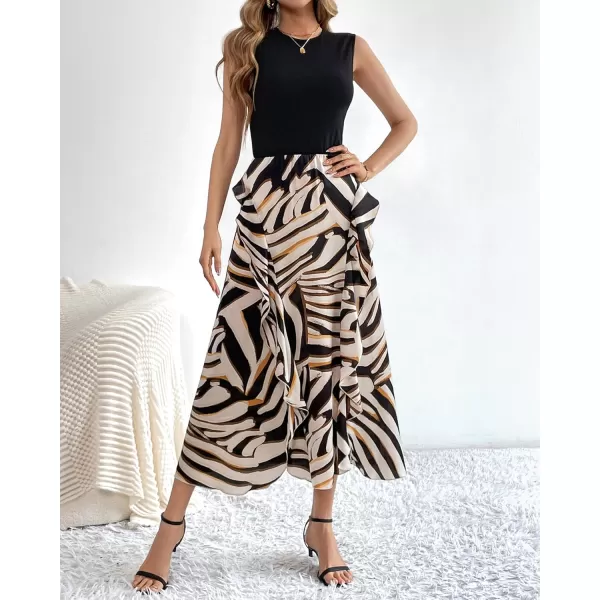 BTFBM Women Casual Sleeveless Summer Dresses 2024 Spring Crewneck Patchwork Boho Floral Ruffle Cocktail Party Midi DressStriped